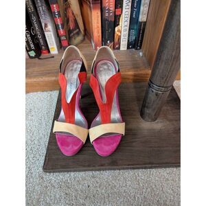 Joan Oloff Women's 38.5 US 8.5 Pink Red Peep Open Toe Pumps Heels Leather Italy